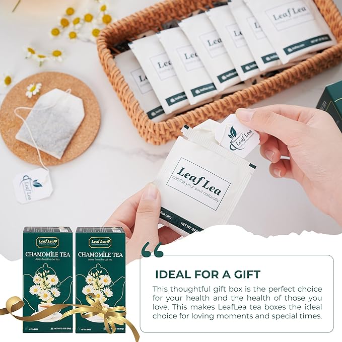 LeafLea Chamomile and Black Tea Blend Chamomile Tea Bags Black Tea &amp Pure Camomile Flowers Manzanilla Tea Bags Stress Relief Vegan Supports Digestion Ideal Wellness Gift Box | 80 Bags