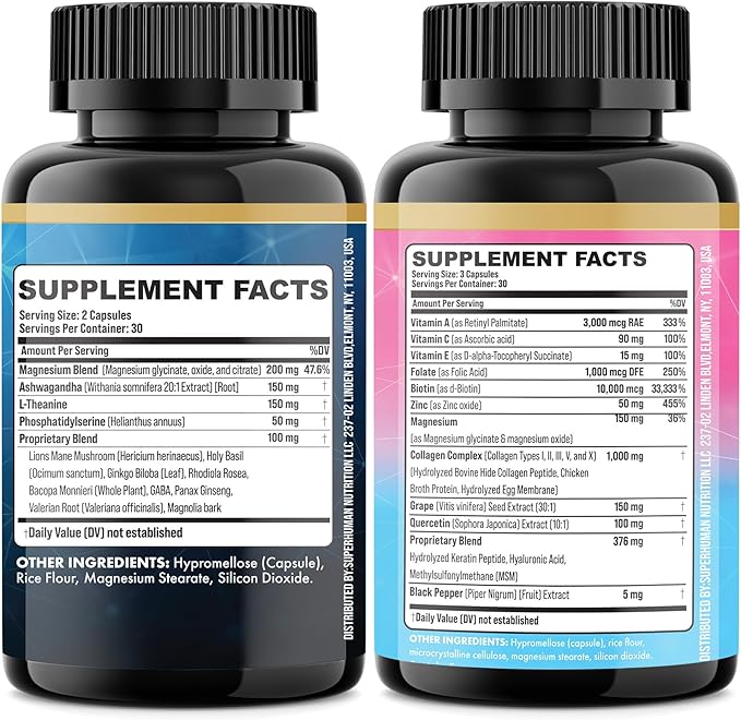 Shining Serenity Set Cortisol Support with Ashwagandha L-Theanine Magnesium Lions Mane GABA Bacopa Monnieri Collagen I II III V X Folate Biotin Keratin Hyaluronic Acid Quercetin