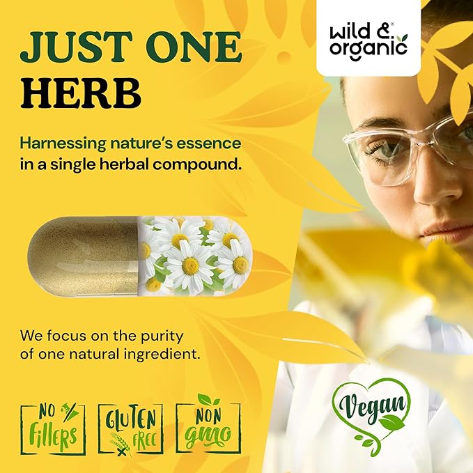 Wild &amp Organic Chamomile Extract Capsules 800 mg - Relaxation &amp Digestive Support - Chamomile Flower Extract Supplement - Matricaria Recutita Herb - Vegan No Fillers Non-GMO - 120 Count