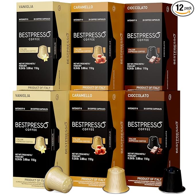 Bestpresso Coffee for Nespresso Original Machine 120 Aluminum pods Certified Genuine Espresso Variety Pack CaramelVanilla and Chocolate