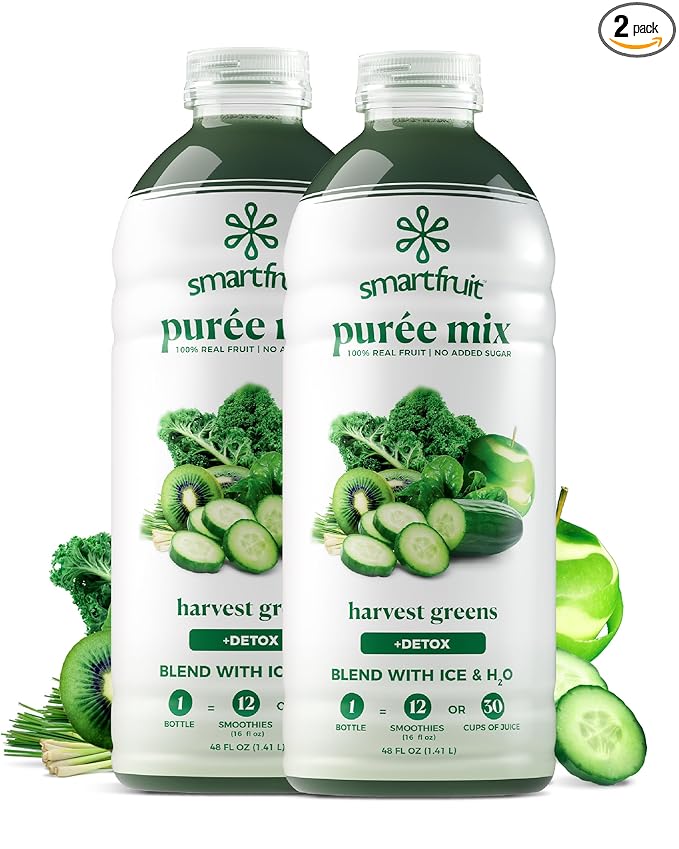 Smartfruit Harvest Greens + Detox – 100% Real Fruit Purée with Kiwi Cucumber Kale Spinach Lemongrass Apple &amp Banana – Great for Smoothies Juice Yogurt Cocktails Teas &amp More – 2-Pk 48