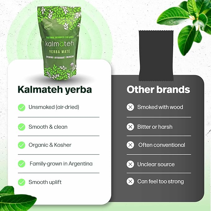 KALMATEH Premium Organic Yerba Mate 1lb Unsmoked Loose Leaf &amp Stem Tea Natural Coffee Alternative Herbal Tea for Energy Focus and Wellness Perfect for Yerba Mate Lovers - 1 Pack