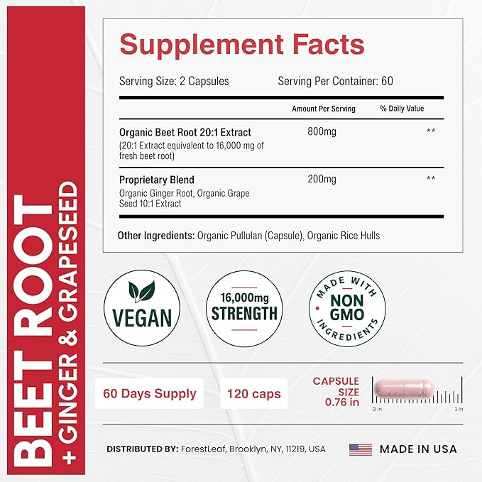ForestLeaf USDA Organic Beet Root Capsules - Beetroot Supplement 1000mg 20:1 Extract w/Ginger Grape Seed - Support Blood Pressure Nitric Oxide Flow Circulation - Made in USA - 120 Caps