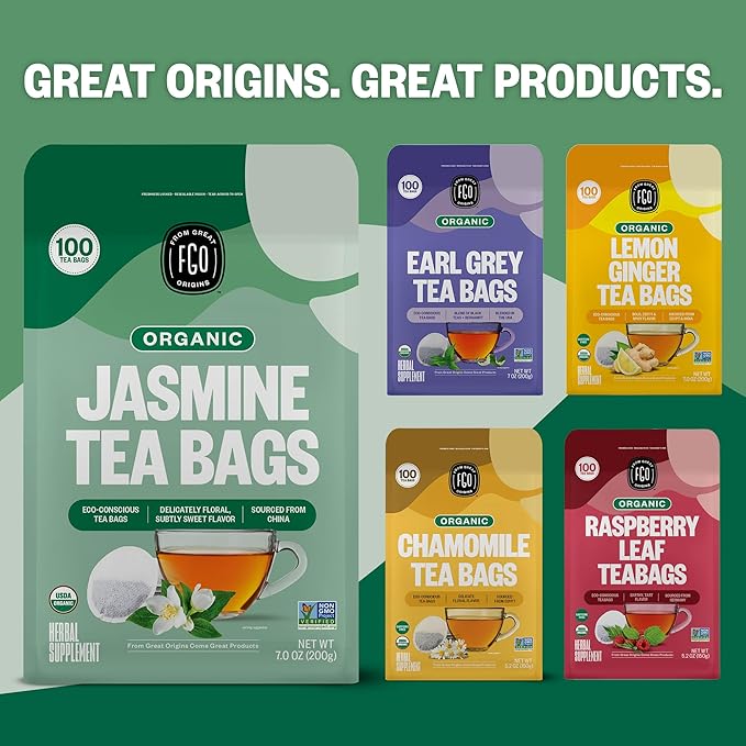 FGO Organic Jasmine Green Tea 100 Count Eco-Conscious Tea Bags Resealable Bag Packaging May Vary (Pack of 1)