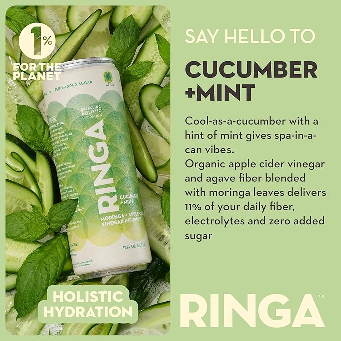 Ringa Sparkling Cucumber Mint Hydration 12 FZ Sparkling Drink Organic Moringa + Apple Cider Vinegar with 3g Prebiotic Fiber No Added Sugar Gut Health &amp Clean Hydration – 12oz Cans