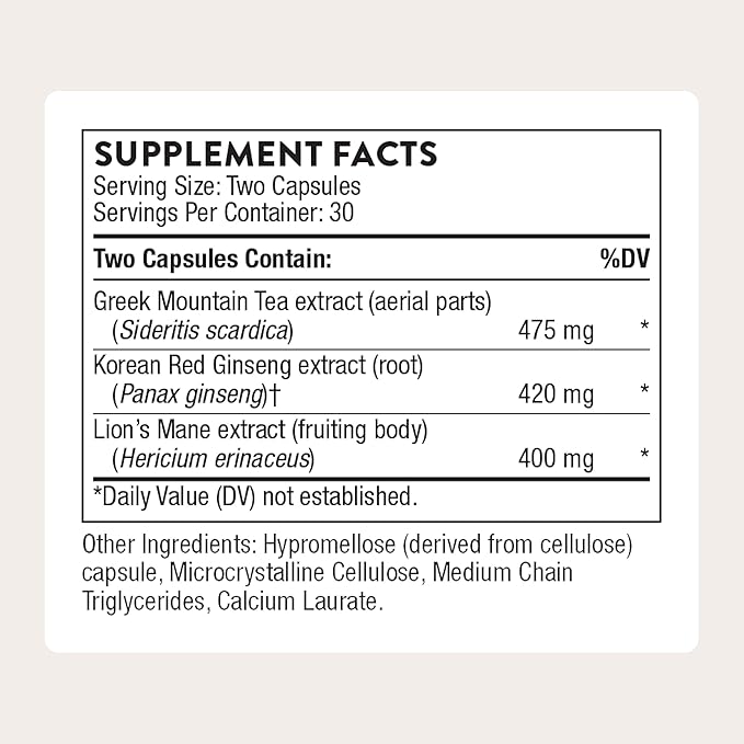 THORNE - Ginseng Plus - Supports Daily Energy Levels Mental Clarity Mood &amp Stress Management* - with Lion's Mane &amp Greek Mountain Tea - Third-Party Certified - Gluten &amp Dairy-Free - 60 C