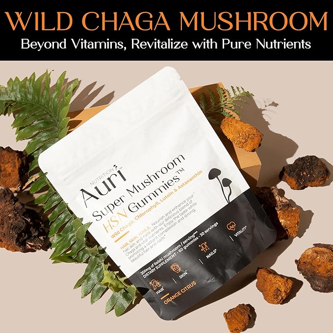 Auri Nutrition Super Mushroom HSN Gummies - Hair Skin and Nails Gummies Functional Mushrooms Supplement - with Wild Chaga Chlorophyll Lutein and Astaxanthin - 60 Orange Citrus Gummies