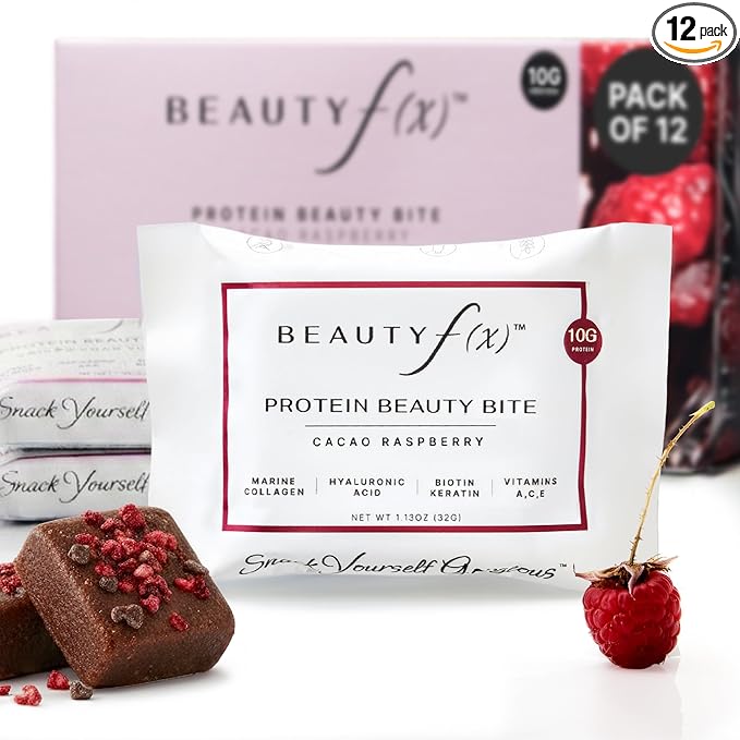Beauty f(x) Protein Beauty Bites - Collagen Bars – Cacao Raspberry Collagen Protein Bars for Women – 10g Protein 120 Calories No Added Sugar – Supports Skin Hair and Nails