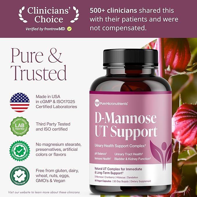 Pure D Mannose Capsules 1000mg Per Serve - Fast Acting UTI Support - Urinary Tract Cleanse &amp Bladder Health - Cranberry D-Mannose Dandelion Hibiscus Flower - 60 Veggie Caps