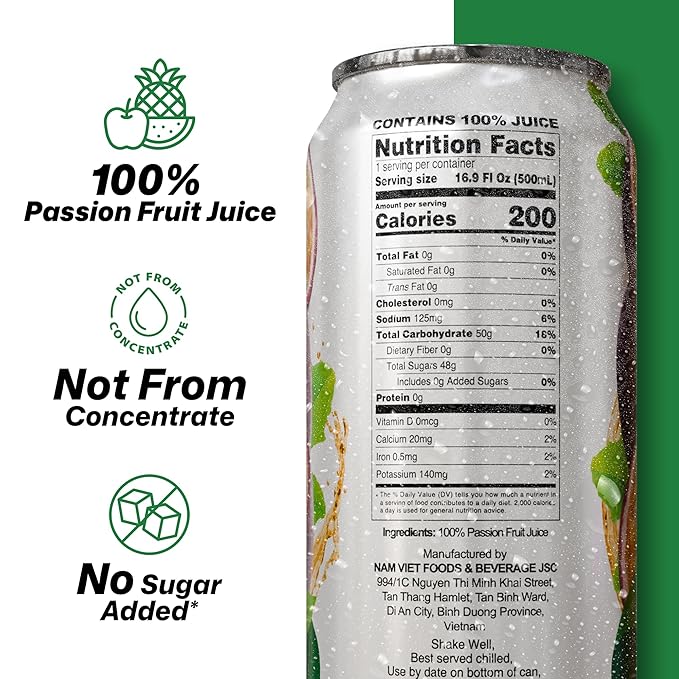 VINUT 100% Passion Fruit Juice No Added Sugar Not From Concentrate 16.9 fl oz (500 mL) Can Pack of 12