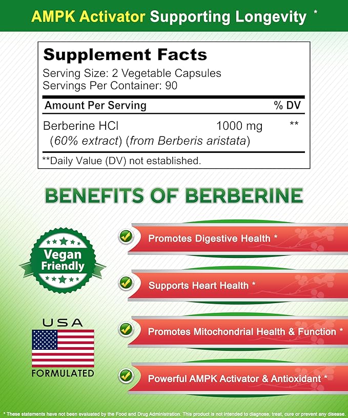 aSquared Nutrition Pure Berberine 1000mg Supplement - 180 Veggie Capsules Natural Berberine Hydrochloride HCL Plus Max Strength 1000 mg (2X 500mg) Potent Berberine Vegan Extract