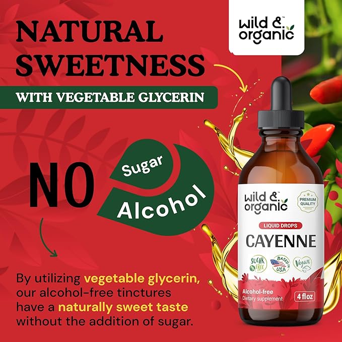 Wild &amp Organic Cayenne Pepper Tincture - Digestive Support with Capsaicin Extract - Cayenne Pepper Liquid Drops for Overall Well-Being - Vegan Sugar &amp Alcohol-Free - 4 fl oz
