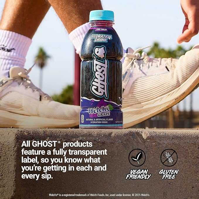 GHOST Hydration Drink Welch’s Grape - RTD Sports Drink with Electrolytes Natural Vitamins &amp Minerals - All Day Lifestyle Hydration Beverage - Zero Caffeine &amp Zero Sugars - 16.9 Fl Oz 12 Pac