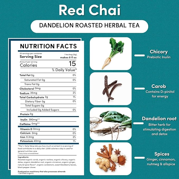 Teeccino Dandelion Red Chai Tea - 25 Tea Bags - Caffeine-Free Roasted Herbal Tea with Prebiotics 3x More Herbs than Regular Tea Bags Gluten Free (Pack of 3)
