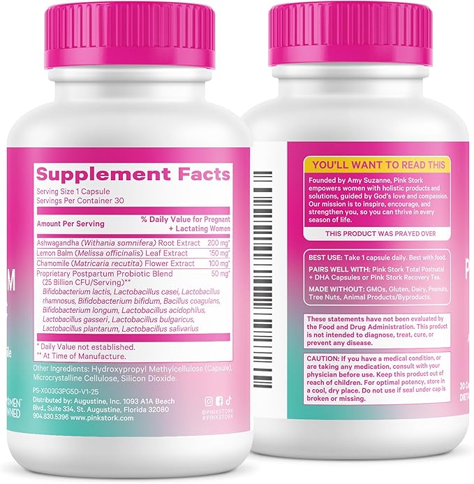 Pink Stork Probiotics for Postnatal Women - 30 Billion CFUS with Ashwagandha and Chamomile Postpartum Essentials for Hormone Balance Mood Support Gut Health Digestive Wellness 30 Capsules