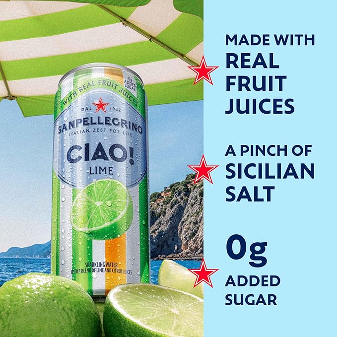 Sanpellegrino CIAO Lime Sparkling Water Low-Calorie Italian Sparkling Water with Real Fruit Juices 0g Added Sugar 24-Pack