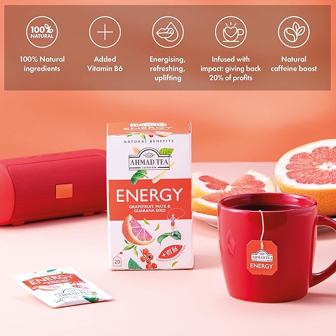 Ahmad Tea Herbal Tea Grapefruit Mate Guarana Seed &amp Vitamin B6 'Energy' Natural Benefits Teabags 20 ct (Pack of 6) - Caffeinated &amp Sugar-Free