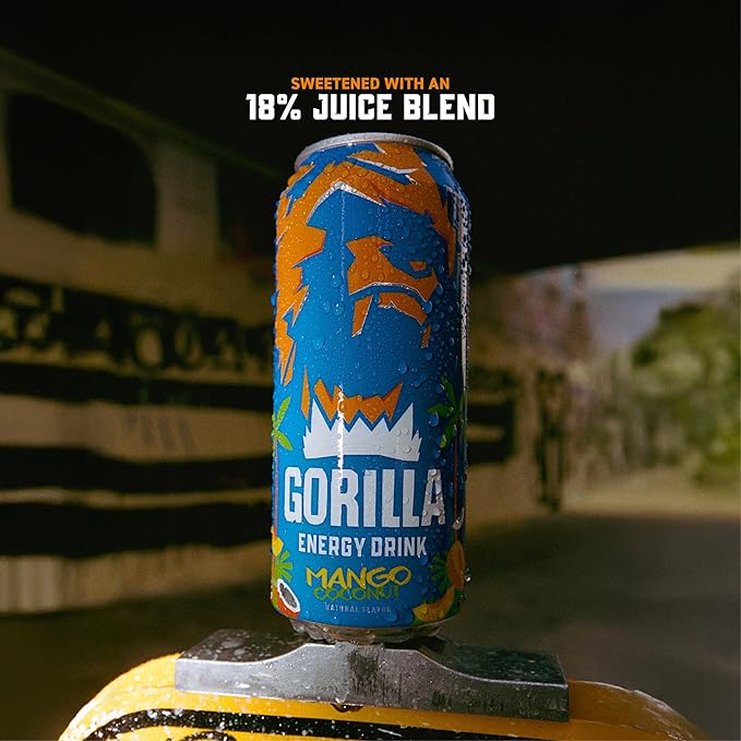 Gorilla Energy Drink Mango Coconut 200mg Natural Caffeine Real Fruit Juice Squeezed &amp Concentrated L-Theanine Taurine Ginseng Acetyl L-Carnitine No Added Sugar and No Artificial Colors 12