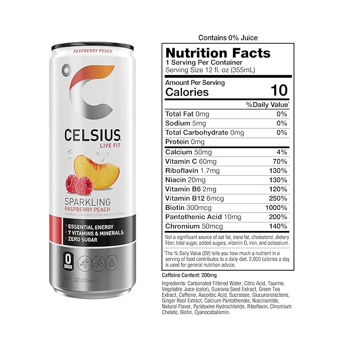 CELSIUS Sparkling Raspberry Peach Sugar Free Energy Drink 12 Fl Oz (Pack of 12)