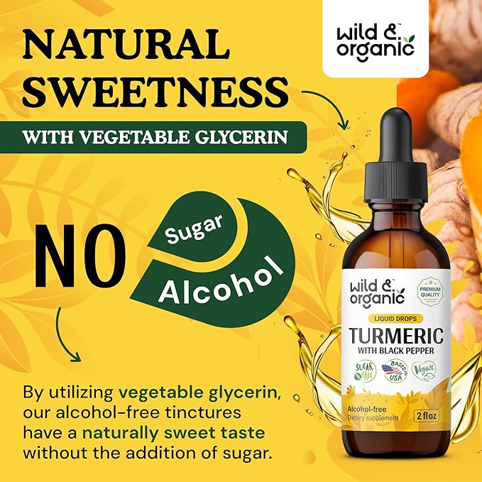 Wild &amp Organic Turmeric Supplement Liquid - Joint Support - Turmeric Curcumin with Black Pepper Extract - Curcumin Root Drops - Vegan Sugar &amp Alcohol-Free Tincture - 2 fl oz