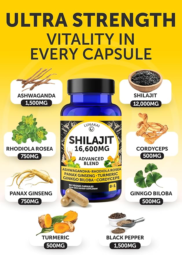 Lunakai USA Made Pure Shilajit Capsules with Ashwagandha Rhodiola &amp Cordyceps - Extra Strength Shilajit Extract for Men &amp Women 60ct
