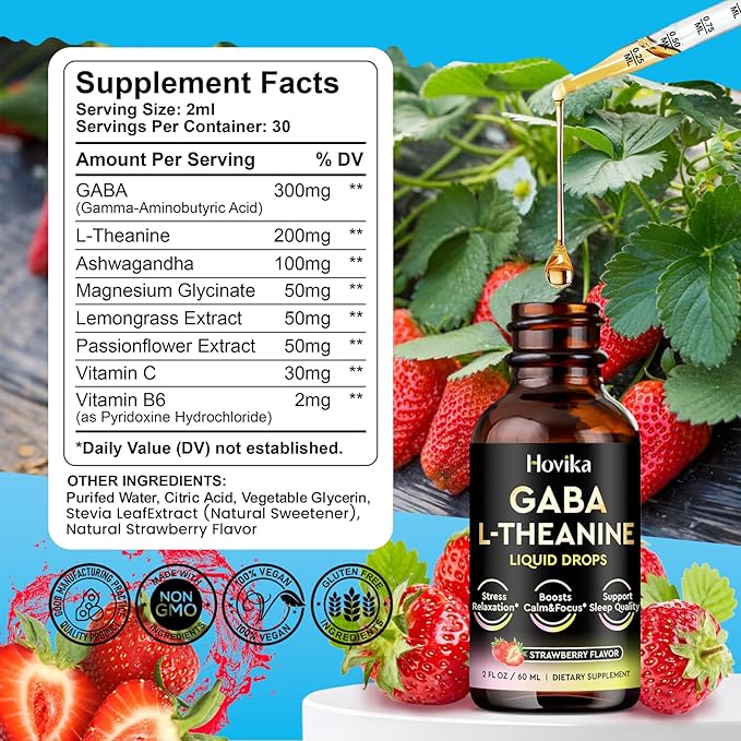 GABA L-Theanine Drops - Liquid GABA L-Theanine Supplement with L-Theanine Ashwagandha Magnesium Glycinate Vitamin C B6 - Support Sleep Relaxation Calm Mood &amp Focus - Strawberry Flavor 2 Fl