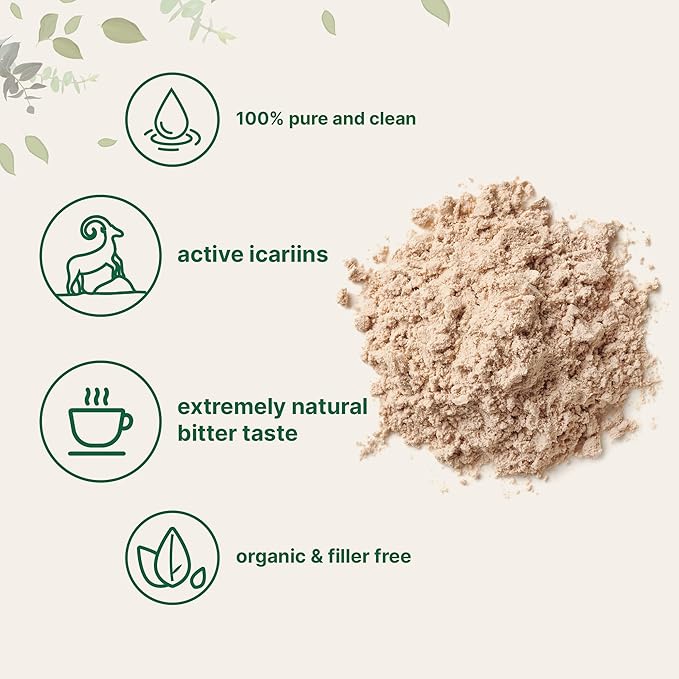 Maximum Strength Organic Pure Horny Goat Weed with Active Icariins for Men and Women 100 Grams Organic Epimedium Powder for Energy and Immune System Booster Filler Free and Vegan Friendly