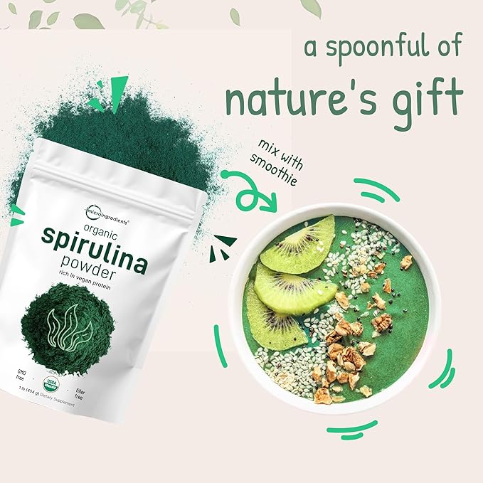 Micro Ingredients Organic Spirulina Powder 1lb | Blue-Green Algae Rich in Vegan Protein Vitamins &amp Minerals | Source of Natural Chlorophyll &amp Enzymes | Non-GMO Gluten-Free No Additives