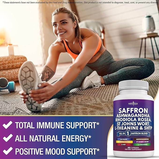 NEW AGE Saffron Supplements with Ashwagandha - Support with L-Theanine Ginkgo Biloba St. John's Wort Rhodiola Rosea &amp 5-HTP - Saffron 60 Count
