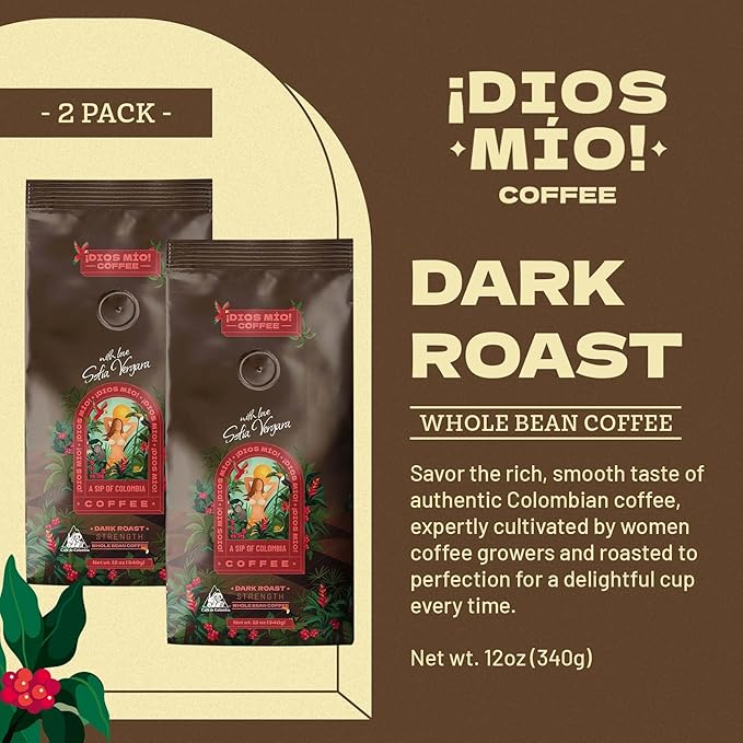 Dios Mio Coffee by Sofia Vergara Dark Roast Whole Bean Premium Colombian Coffee 12 Ounce Bag (Pack of 2)