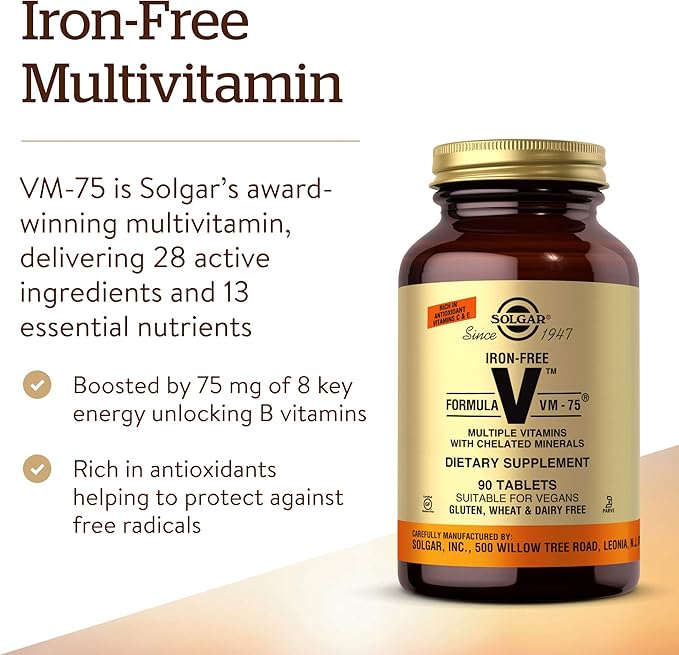Solgar Iron-Free Formula VM-75 90 Tablets - Multivitamin with Chelated Minerals - Vitamin A B6 B12 C D E - Biotin Magnesium Calcium Zinc - Vegan Gluten &amp Dairy Free Kosher - 90 Servings