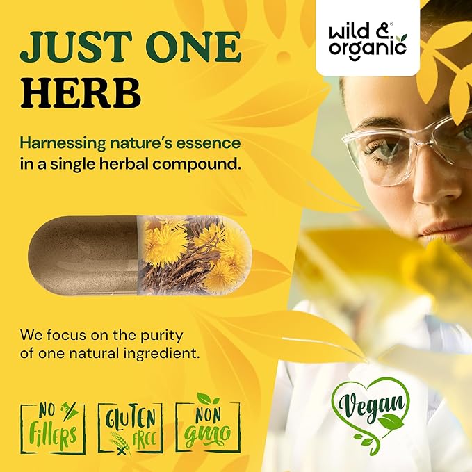 Wild &amp Organic Dandelion Root Capsules - Liver Detox Supplements - 2000 mg of Fresh Dandelion Root Powder per Capsule - 90 Vegan Capsules - 3 Month Supply - No Fillers Non-GMO