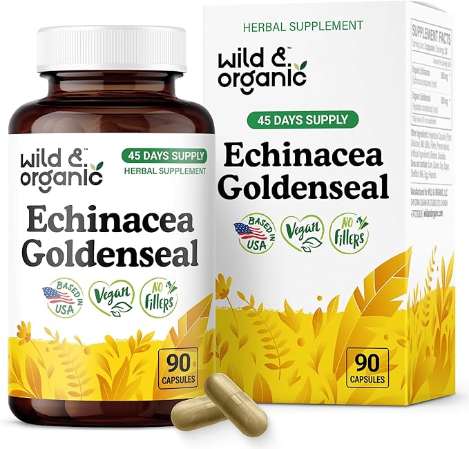 Wild &amp Organic Echinacea Goldenseal Capsules - Immune &amp Lung Support - Echinacea Complex Supplement - Hydrastis Canadensis &amp Purpurea - Vegan No Fillers Non-GMO - 90 Count