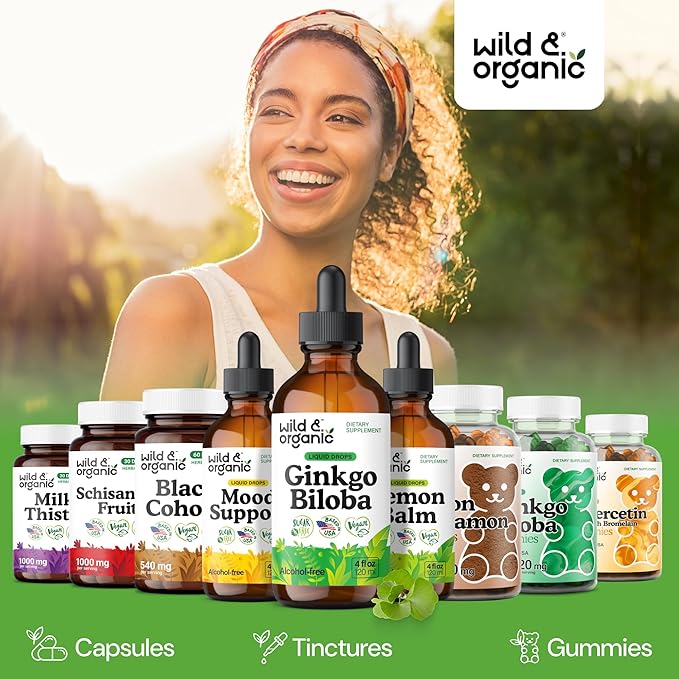 Wild &amp Organic Ginkgo Biloba Extract Drops - Brain &amp Focus Support - Liquid Ginkgo Biloba Supplements - Vegan Sugar &amp Alcohol-Free Herbal Tincture - 4 fl oz
