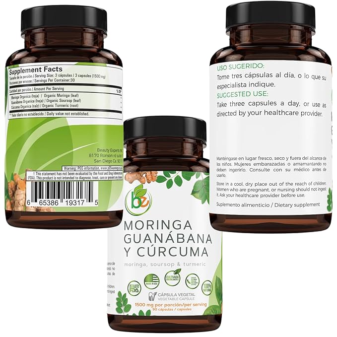 Guanábana Hoja Seca Té (Dried Soursop Leaves Tea) Combo 4 oz Bag + Moringa Soursop &amp Curcuma (Turmeric) 90 Capsules Organically Grown 1500 mg per Serving – 100% Natural Vegan – Powerful Anti