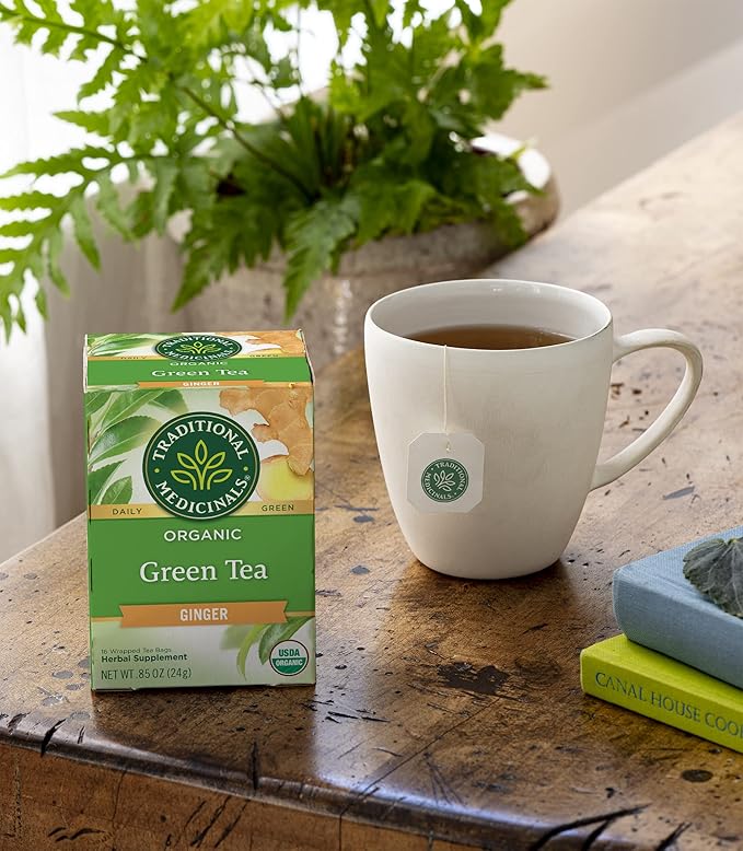 Traditional Medicinals Organic Green Tea Ginger Herbal Tea Promotes Healthy Digestion (Pack of 4) - 64 Tea Bags Total