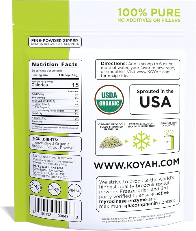KOYAH - Organic USA Broccoli Sprout Powder (1 Scoop = 1/4 Cup Sprouts): 36 Servings Freeze-Dried Tested for Active Myrosinase and Glucoraphanin (Sulforaphane Glucosinolate)