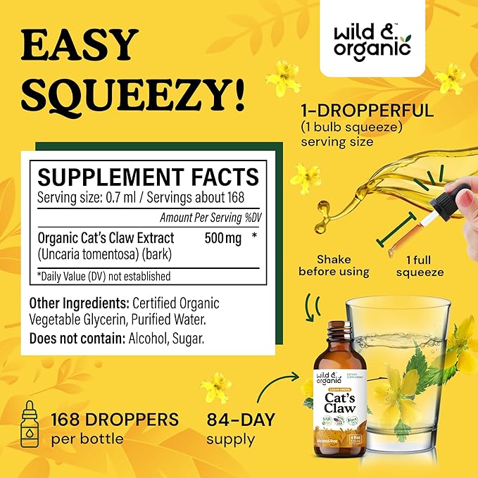 Wild &amp Organic Cats Claw Herb Supplement - Immune Support - Pure Cats Claw Tincture - Add to Tea Liquid Drops - Uncaria Tomentosa Bark - Vegan Sugar &amp Alcohol-Free - 4 fl oz