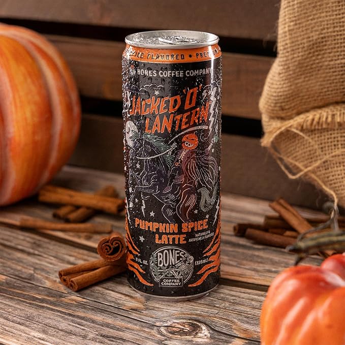 Bones Coffee Company Jacked O' Lantern Latte Pumpkin Spice Flavored Coffee Medium Roast Ready To Drink Iced Coffee in Can 11 Fl Oz Can (12 Pack)