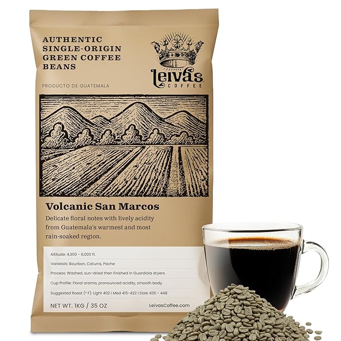 Leiva’s Unroasted Green Coffee Beans (1kg) – Volcanic San Marcos Single Origin Coffee w/Floral Notes – Washed Shade Grown Organic Guatemala Beans – Lively Acidity Whole Bean Unroasted Blend