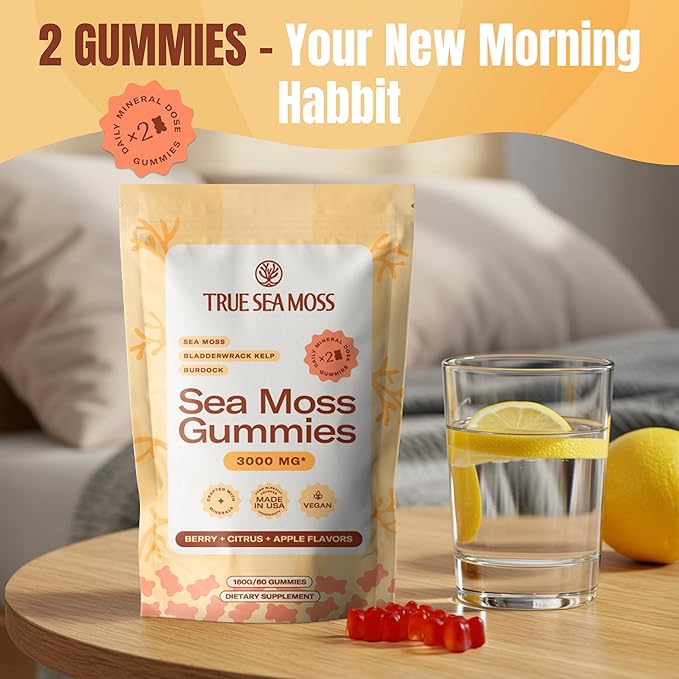 TrueSeaMoss Gummies 3000mg – Irish Sea Moss with Bladderwrack &amp Burdock Root – 3-in-1 Formula – Fruity Flavor – 60 Gummies