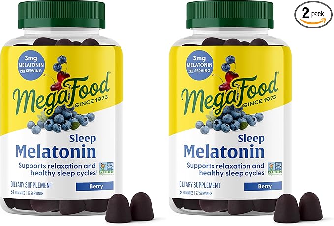 MegaFood Melatonin Gummies - Melatonin 3mg per Serving to Help Relax &amp Fall Asleep – Sleep Gummies for Adults - Berry Flavor Non-GMO Certified Vegan - 54 Gummies (27 Servings) (Pack of 2)
