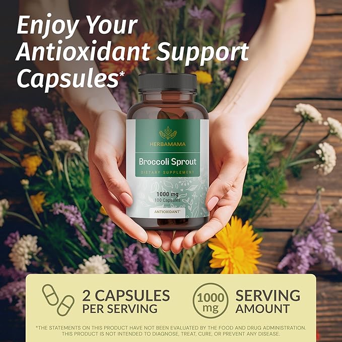 HERBAMAMA Broccoli Sprouts Capsules - 1000mg Broccoli Sprout Extract for Antioxidant &amp Immune Support - Vegan Non-GMO Sulforaphane Supplements 100 Caps