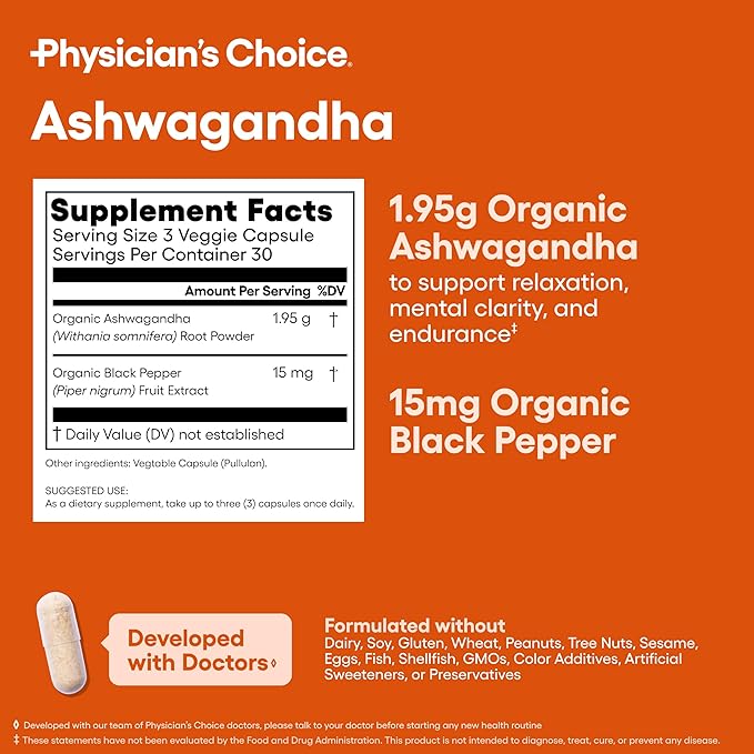 Physician's CHOICE Ashwagandha Supplement - 1950mg of Bioavailable Organic Ashwagandha Root Powder - Black Pepper Extract Stress Support Mood Support Supplement 90 Veggie Capsules