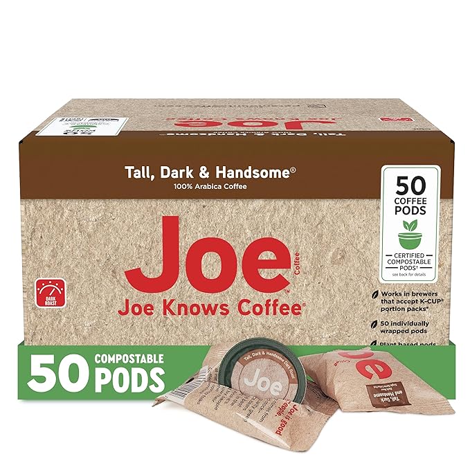 Joe Knows Coffee Tall Dark &amp Handsome – 50 Count Compostable Dark Roast Coffee Pods | Bold &amp Rich Flavor | Compatible With K-Cup Brewers | Eco-Friendly | Kosher | Gluten-Free