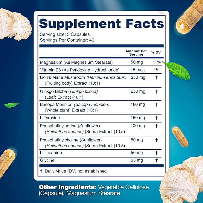 Organic Lions Mane Supplement Capsules - 120 Real Mushrooms Lion's Mane Capsules with Ginkgo Biloba Herb Bacopa Monnieri L Theanine L Tyrosine - Mushroom Complex for Daily Wellness