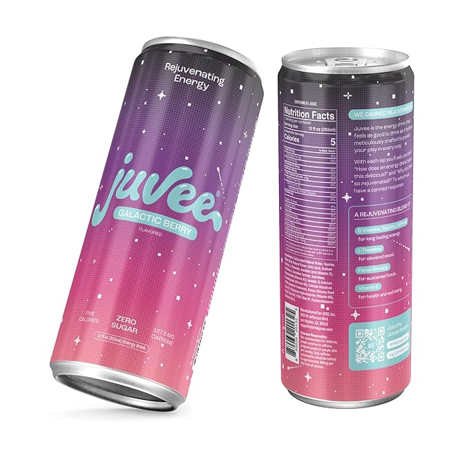 Juvee Rejuvenating Energy Drink – 12 oz Cans (12-Pack) – Sugar Free 128mg Natural Caffeine per Can Zero Sugar Low Calorie Clean Energy &amp Focus Support for All-Day Performance (Galactic Berry)