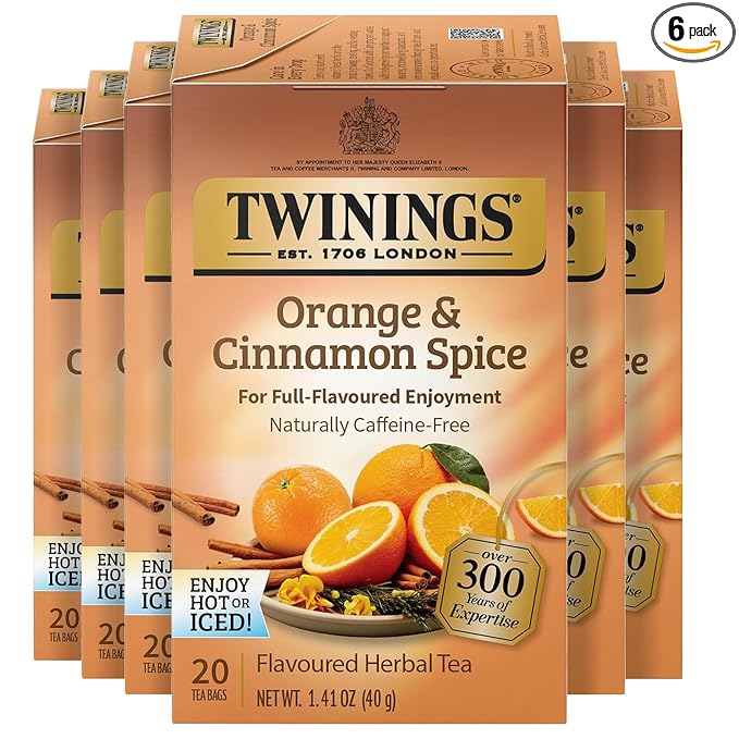 Twinings Orange &amp Cinnamon Spice Herbal Tea Individually Wrapped Bags 20 Count (Pack of 6) Naturally Caffeine-Free Enjoy Hot or Iced 120 Teabags