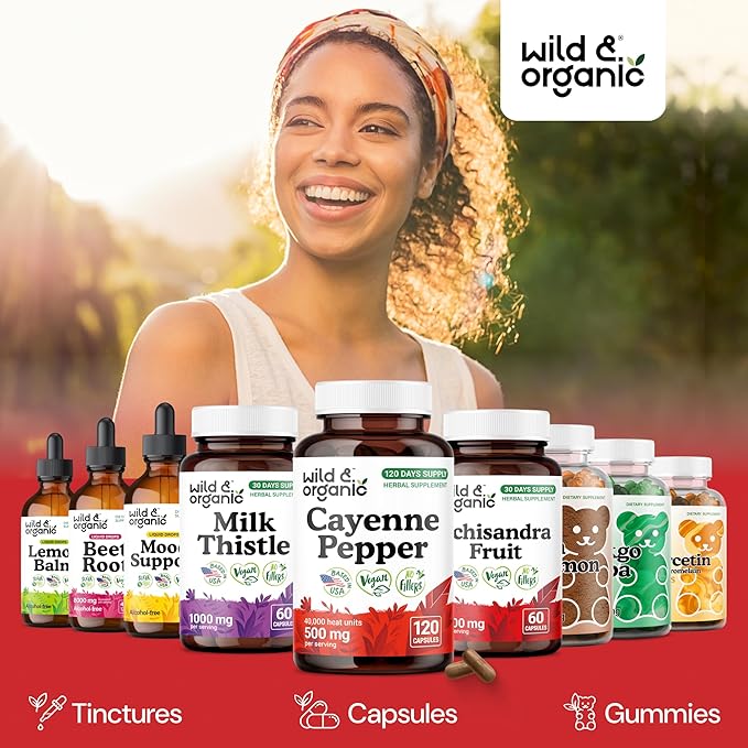 Wild &amp Organic Cayenne Pepper Capsules 500 mg - Digestive Support - Pure Cayenne Pepper Extract - Capsaicin Supplements - Vegan No Fillers Non-GMO - 120 Count