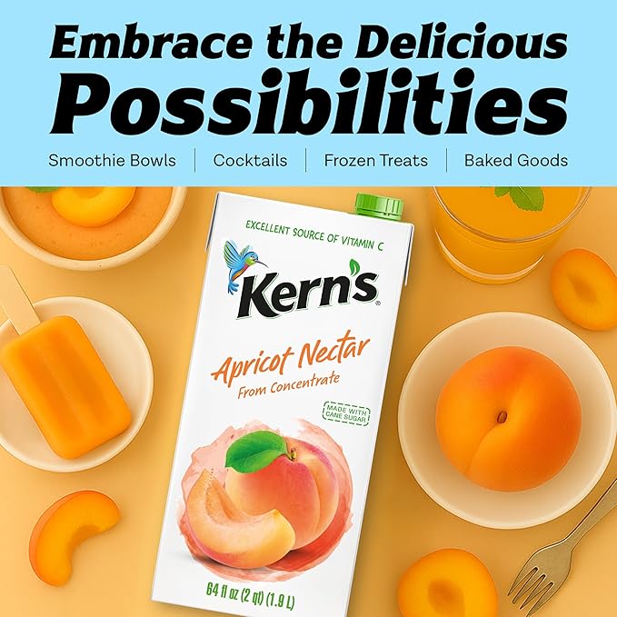 Kern’s Apricot Nectar Juice - Made with Fresh Fruit Puree &amp Apricot Juice Concentrate for Smoothie Mix Cocktail Mixers Kids Drink &amp Beverages - 64oz 8 Pack Carton